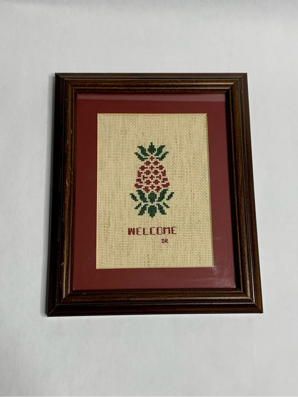 Vintage Pineapple Welcome Cross Stitch Framed Needlepoint Folk Art Wall Decor